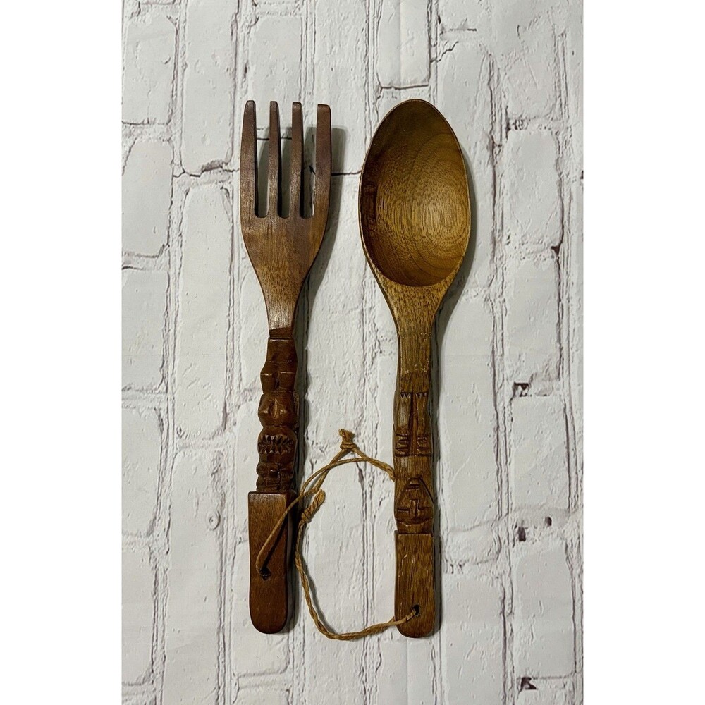 Vintage Philippines Hand Carved wood Fork and Spoon wall art MCM Tiki BoHo